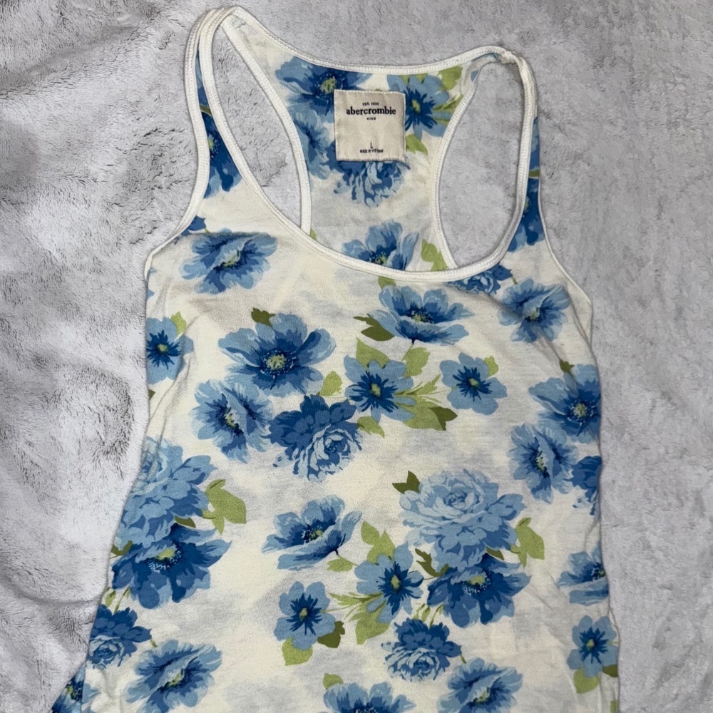Abercrombie Kids Floral White/Blue Stretch Tank Top, Size Large